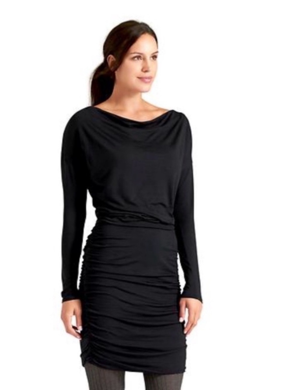 Athleta Black Solstice Cowl Long Sleeve Chic Stretch Layering Ruching Dress